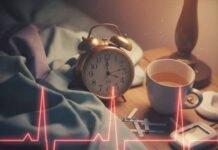 The Link Between Poor Sleep and Chronic Disease Risk Nightstand with alarm clock, tea, and diabetes strips.