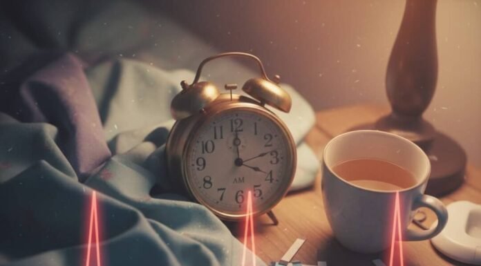 The Link Between Poor Sleep and Chronic Disease Risk Nightstand with alarm clock, tea, and diabetes strips.