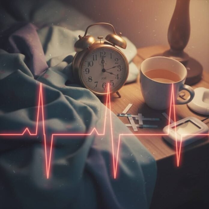 Nightstand with alarm clock, tea, and diabetes strips.