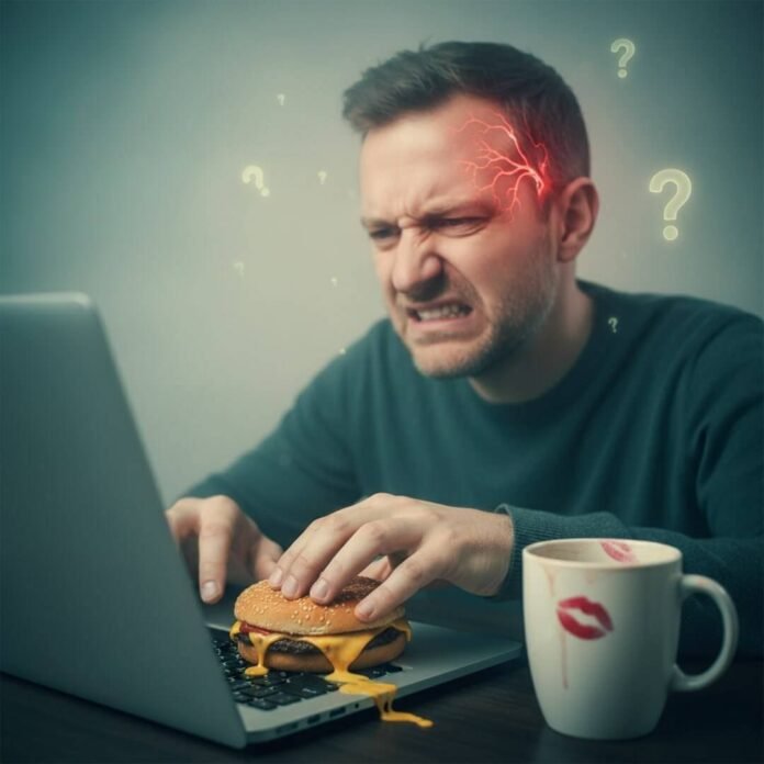 Stressed man working on laptop with burger and coffee.