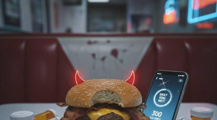 The Connection Between Obesity and Chronic Disease Explained Burger with devil horns, pills, and fitness app.