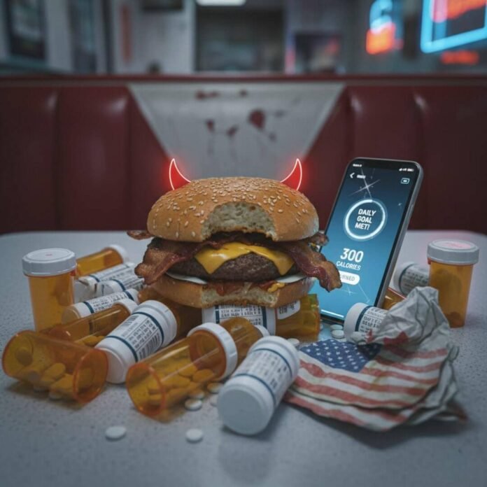 Burger with devil horns, pills, and fitness app.