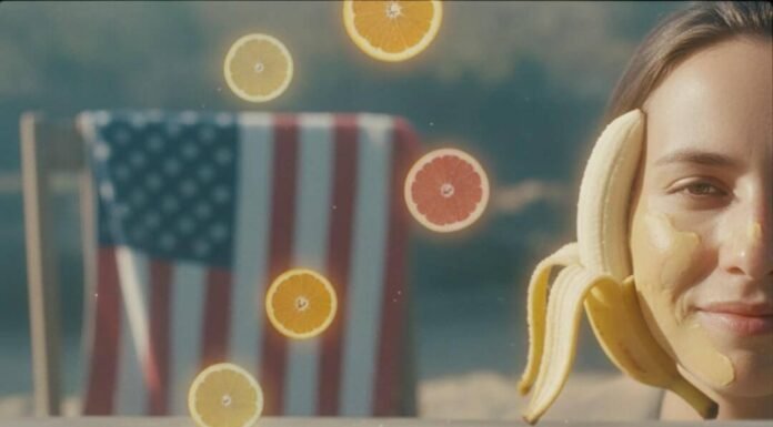 Sunscreen Secrets: How to Protect Skin Without Chemicals Half-peeled banana mask, zinc powder, American flag towel, citrus.